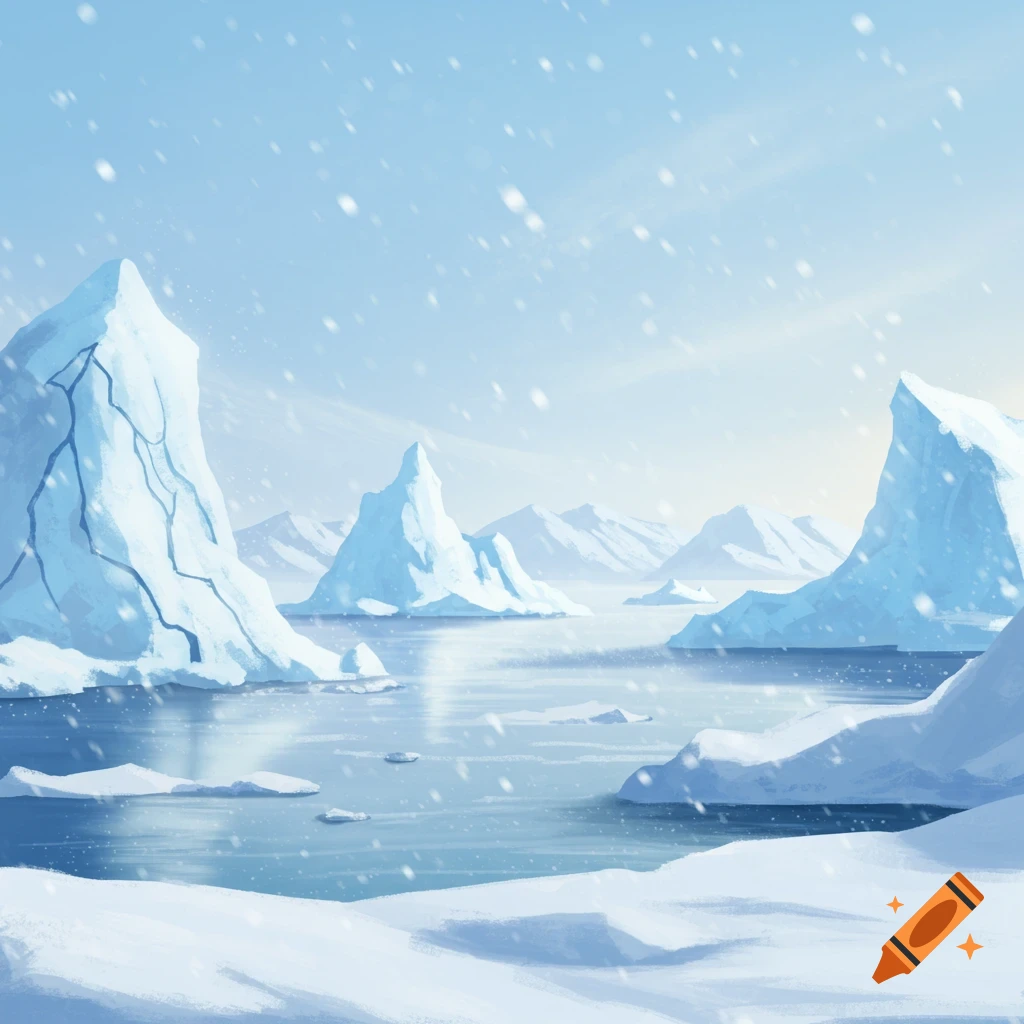 A serene, stylized arctic landscape with large icebergs, snow-covered ground, and falling snow.