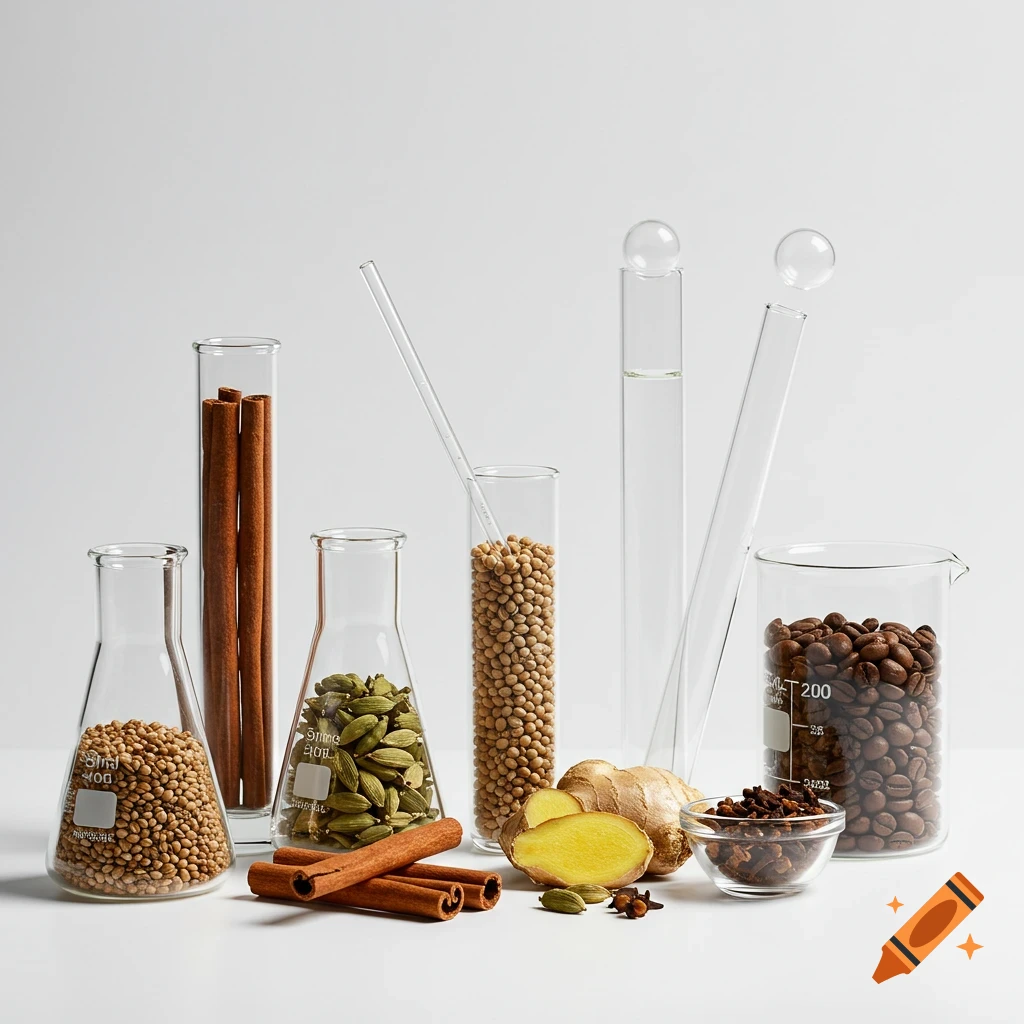 Various spices like cinnamon, cardamom, ginger, coffee beans arranged in scientific glassware on a white background.