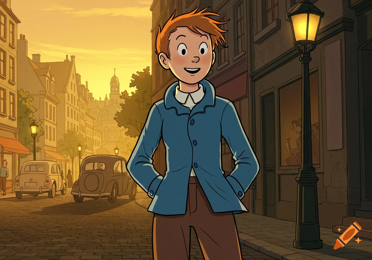 Smiling red-haired boy in a blue jacket on a cobblestone street at sunset, in Tintin comic style.