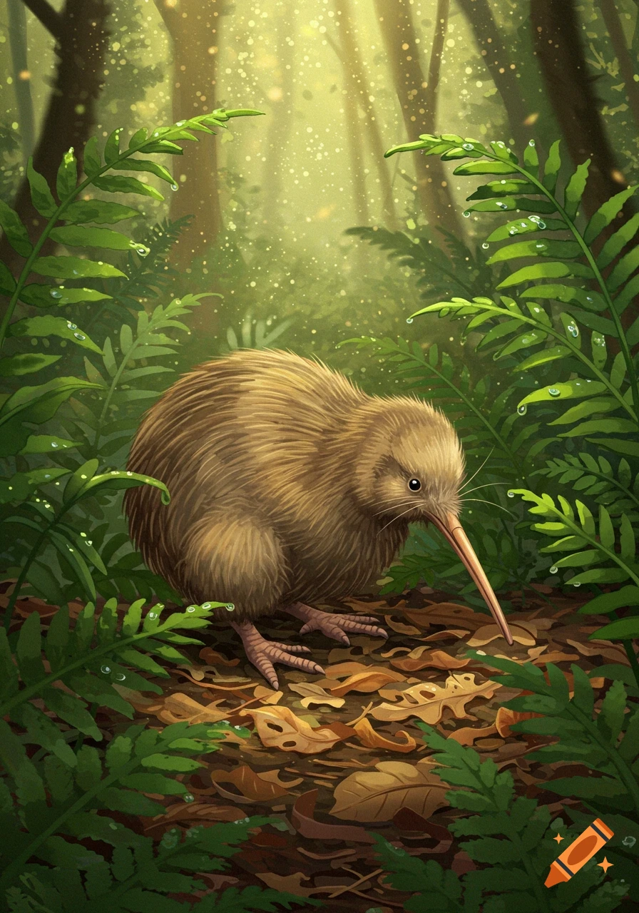 An illustrated kiwi bird with a long beak foraging among ferns and fallen leaves in a sun-dappled forest.