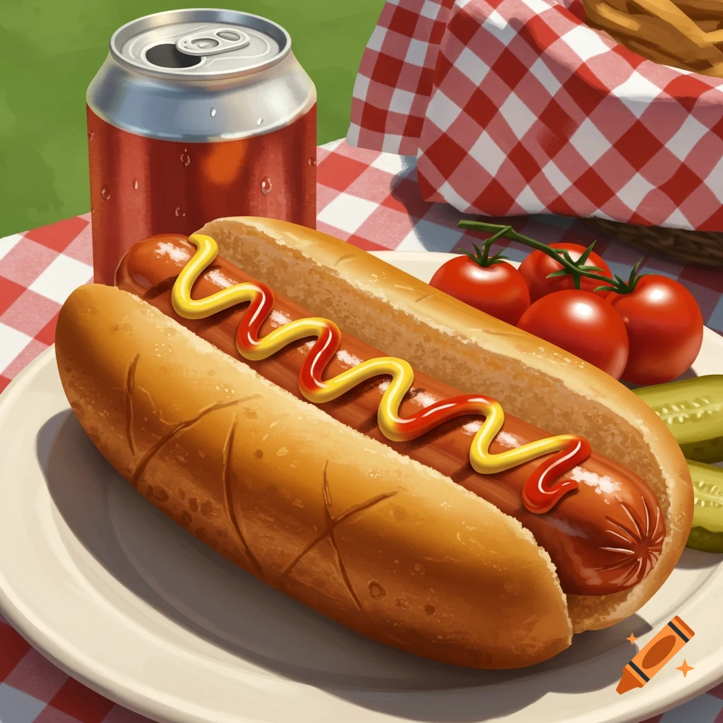 A hot dog with ketchup and mustard on a bun, next to a red soda can, tomatoes, and pickles on a checkered picnic blanket.