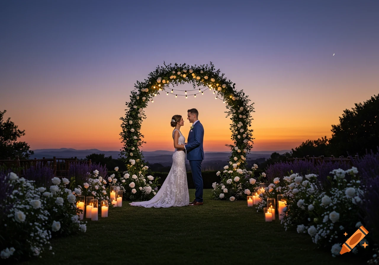 A wedding couple stands under a floral arch lit by string lights and candles, with a vibrant sunset over mountains.