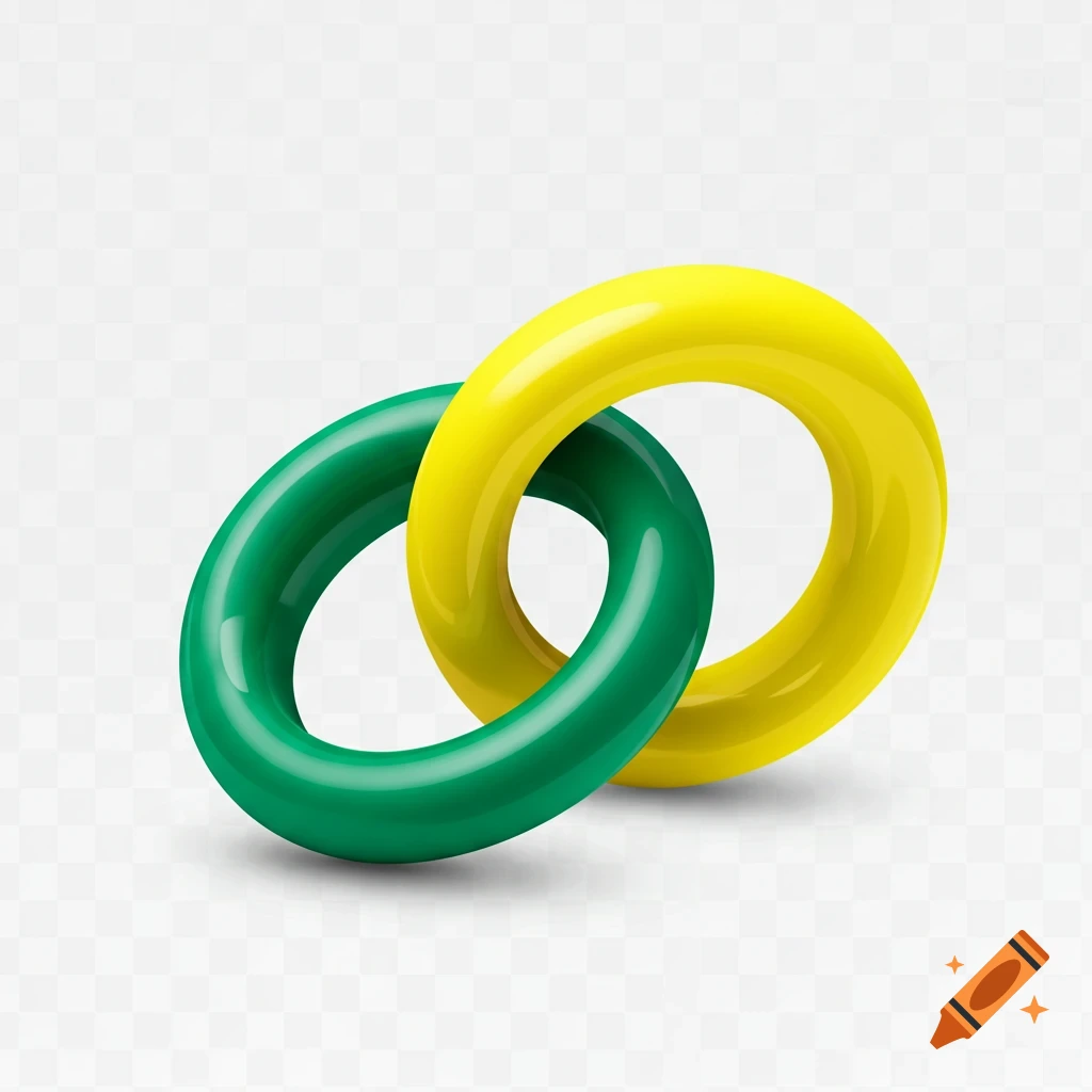 A glossy green ring interlocking with a glossy yellow ring, casting a shadow on a transparent background.