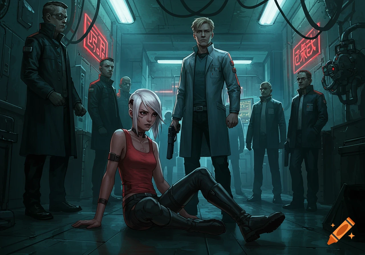 A white-haired girl sits on the floor in a red tank top, surrounded by men in a dark, neon-lit cyberpunk hallway in comic art style.