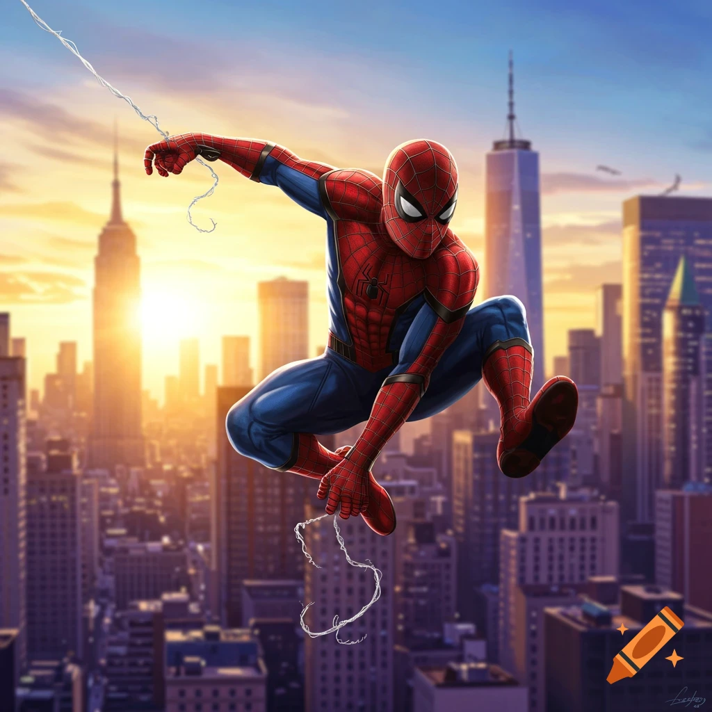 Spider-Man in his red and blue suit leaps over a sunset cityscape. Illustrated in a comic art style.