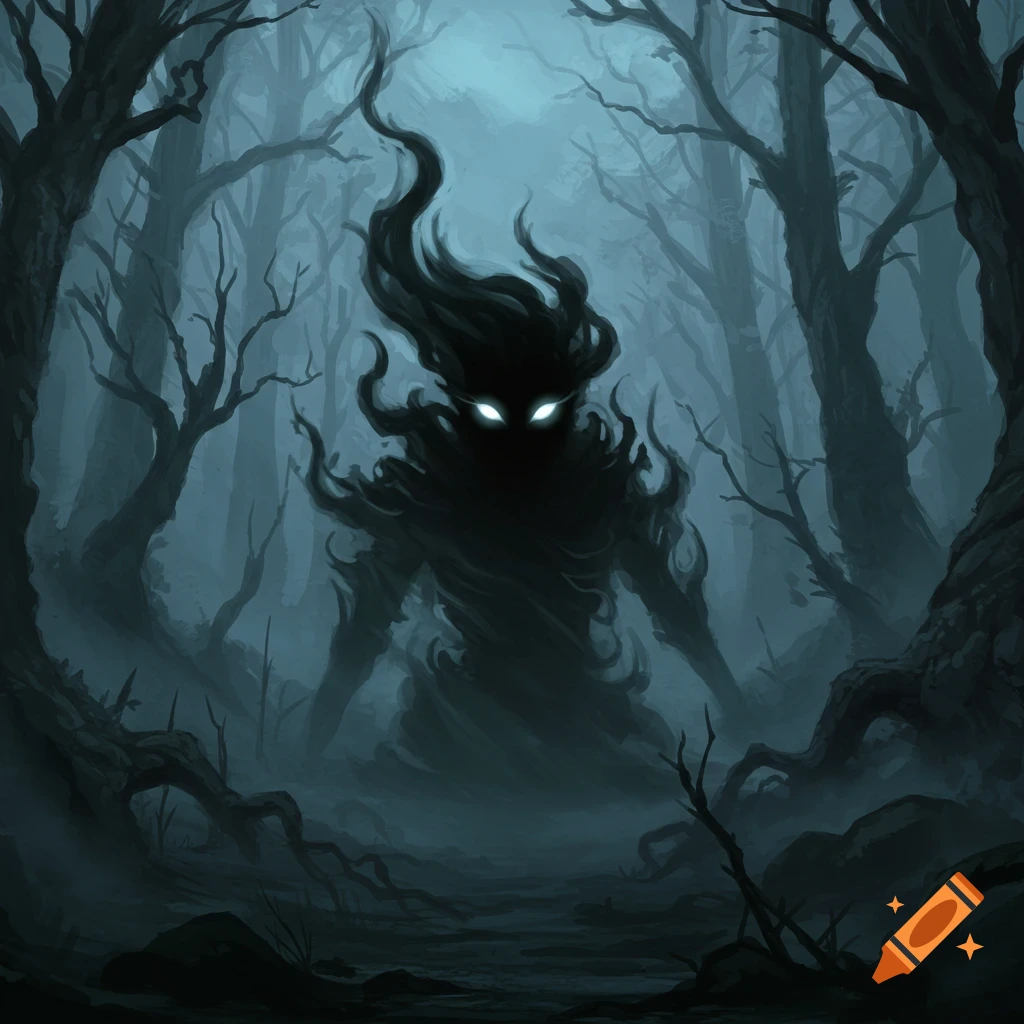 A dark, shadowy humanoid creature with bright glowing eyes stands in a misty, eerie forest, in a fantasy illustration style.