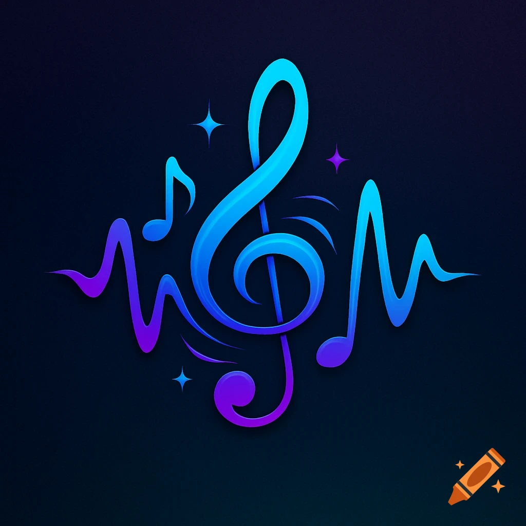 A vibrant blue and purple gradient treble clef and musical notes on a dark background, with a sound wave pattern.
