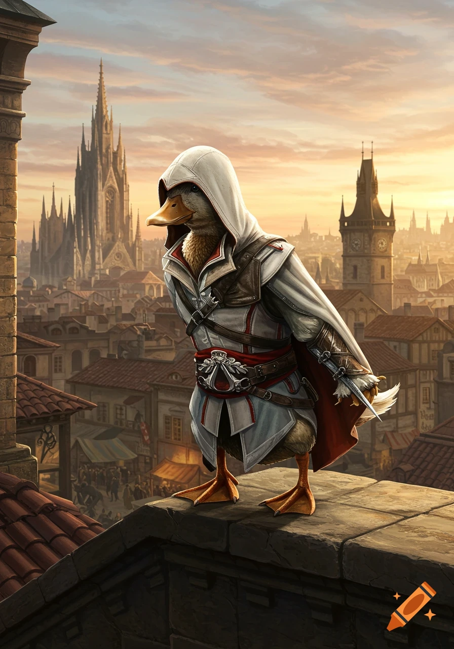 A duck dressed as an Assassin's Creed character stands on a city rooftop at sunset, holding a hidden blade.