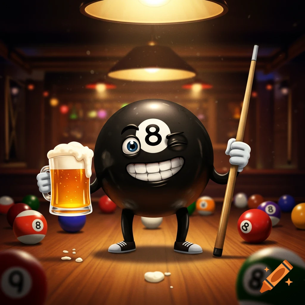 A winking, smiling cartoon 8-ball character on a pool table holds a frothy beer pint and a cue stick, surrounded by other pool balls.