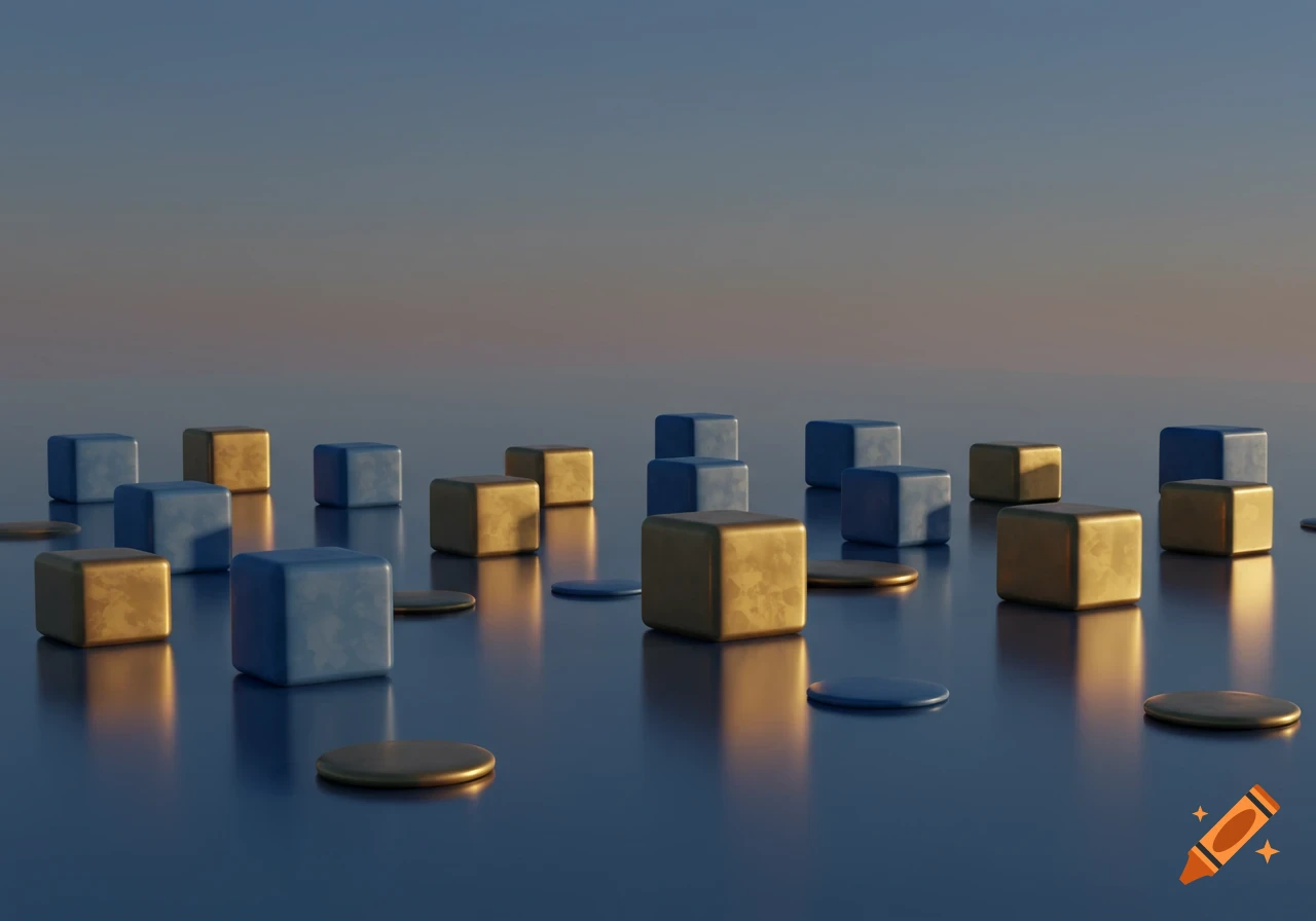 Blue and gold rounded cubes and flat discs on a reflective blue surface under soft, warm lighting.