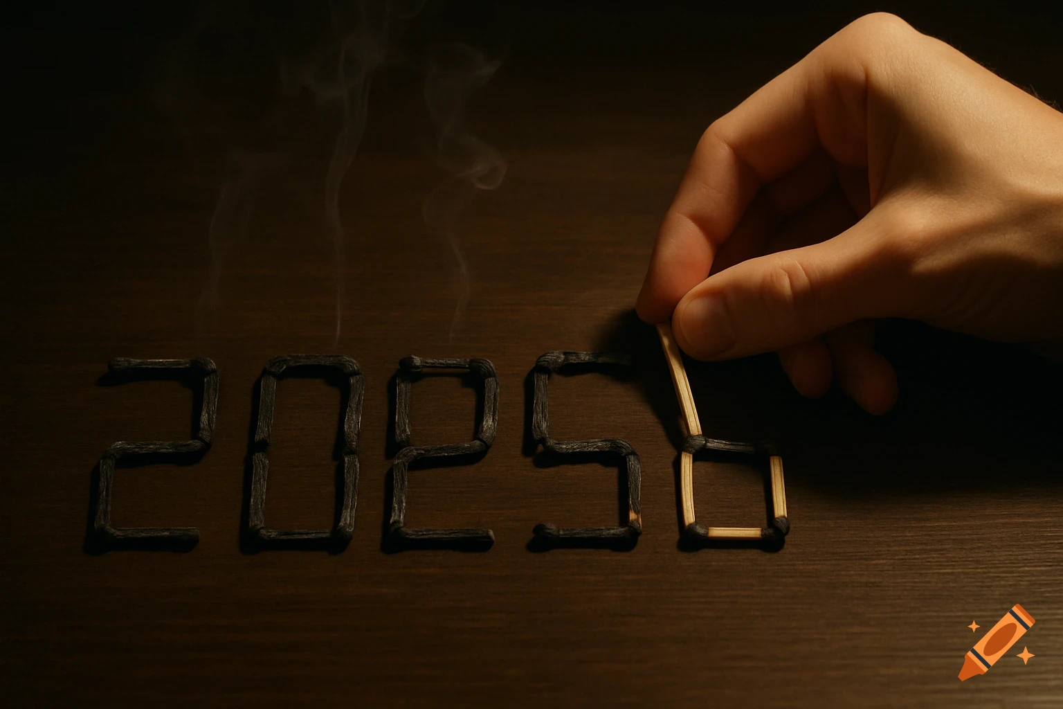Photorealistic image of a hand arranging matches on a dark wooden surface, changing the year from 2025 to 2026, with smoke rising from burnt matches.