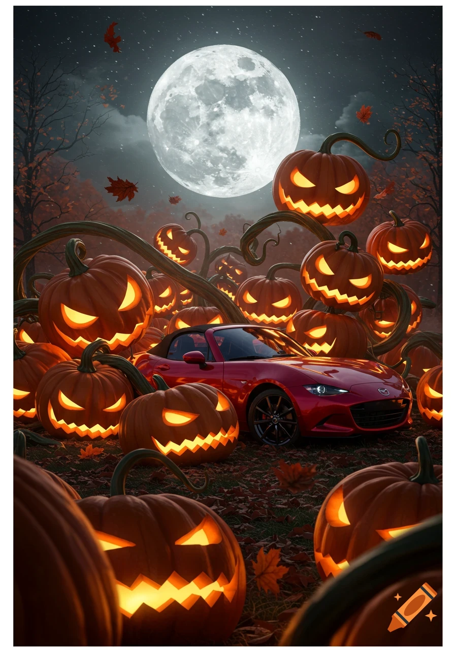 A red Mazda MX-5 convertible surrounded by glowing jack-o'-lanterns and vines under a large full moon on Halloween.