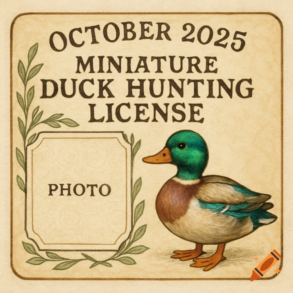 A vintage-style miniature duck hunting license for October 2025, featuring a mallard duck illustration and a 'PHOTO' placeholder.