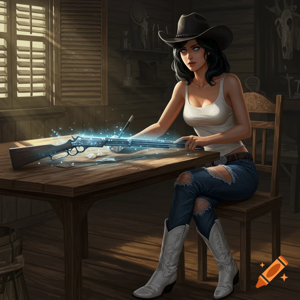 A dark-haired woman in a cowboy hat, white tank top, ripped jeans, and white boots sits at a table crafting a glowing magical rifle.