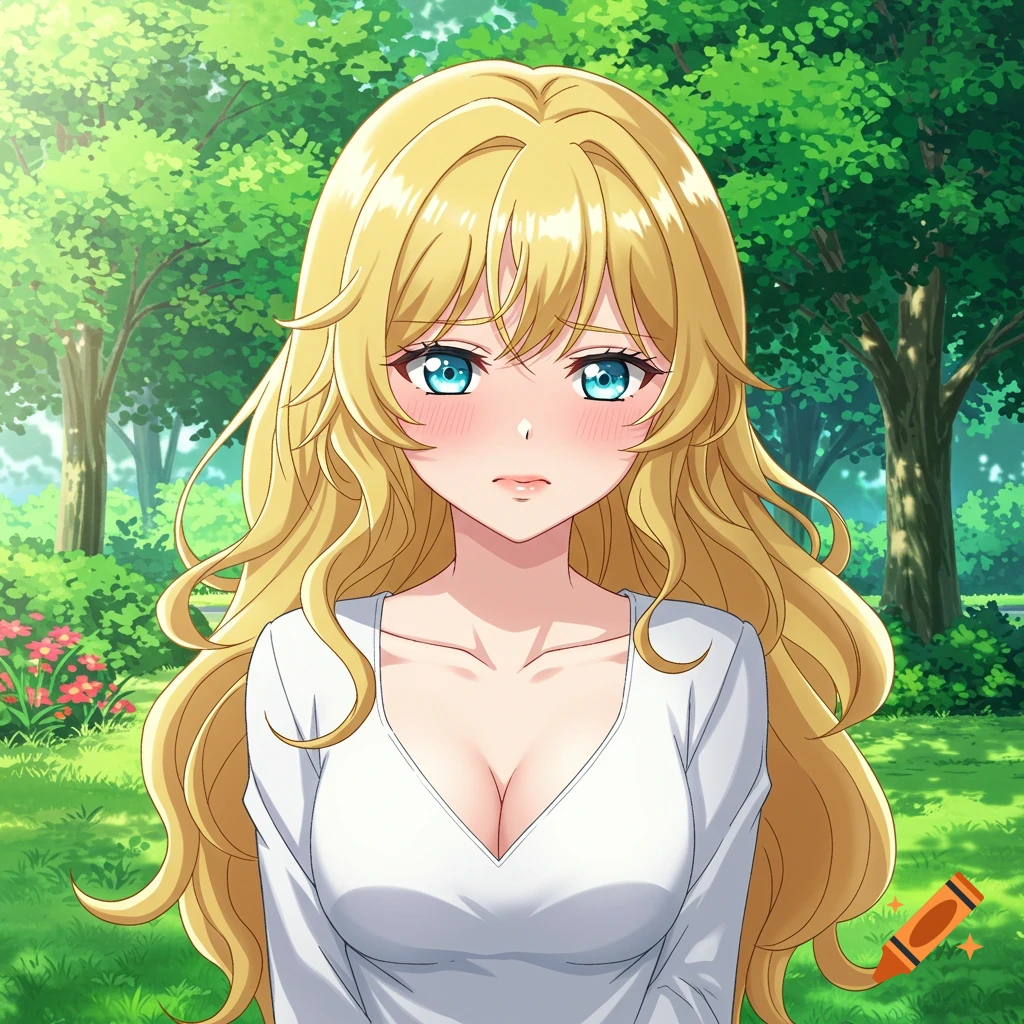 Anime woman with long golden hair, blue eyes, blushing and pouting in a white top, standing in a green park.
