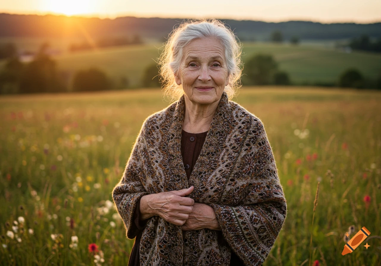Photorealistic portrait of an elderly woman with white hair smiling gently in a sunlit field with wildflowers at sunset.