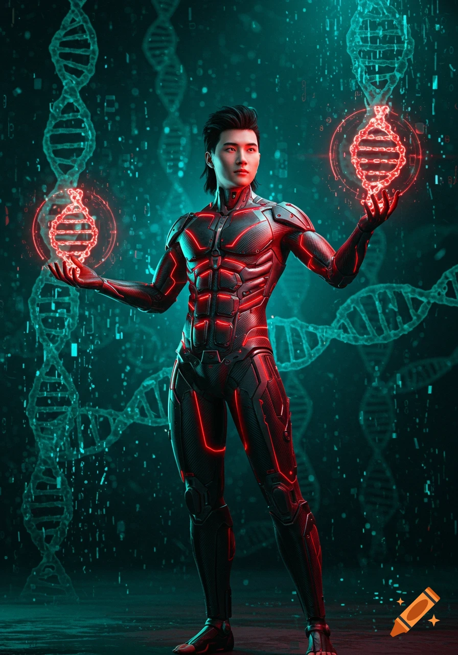 A young man in a black and red LED cyberpunk suit holds glowing DNA orbs against a futuristic background with DNA strands and streaming data.