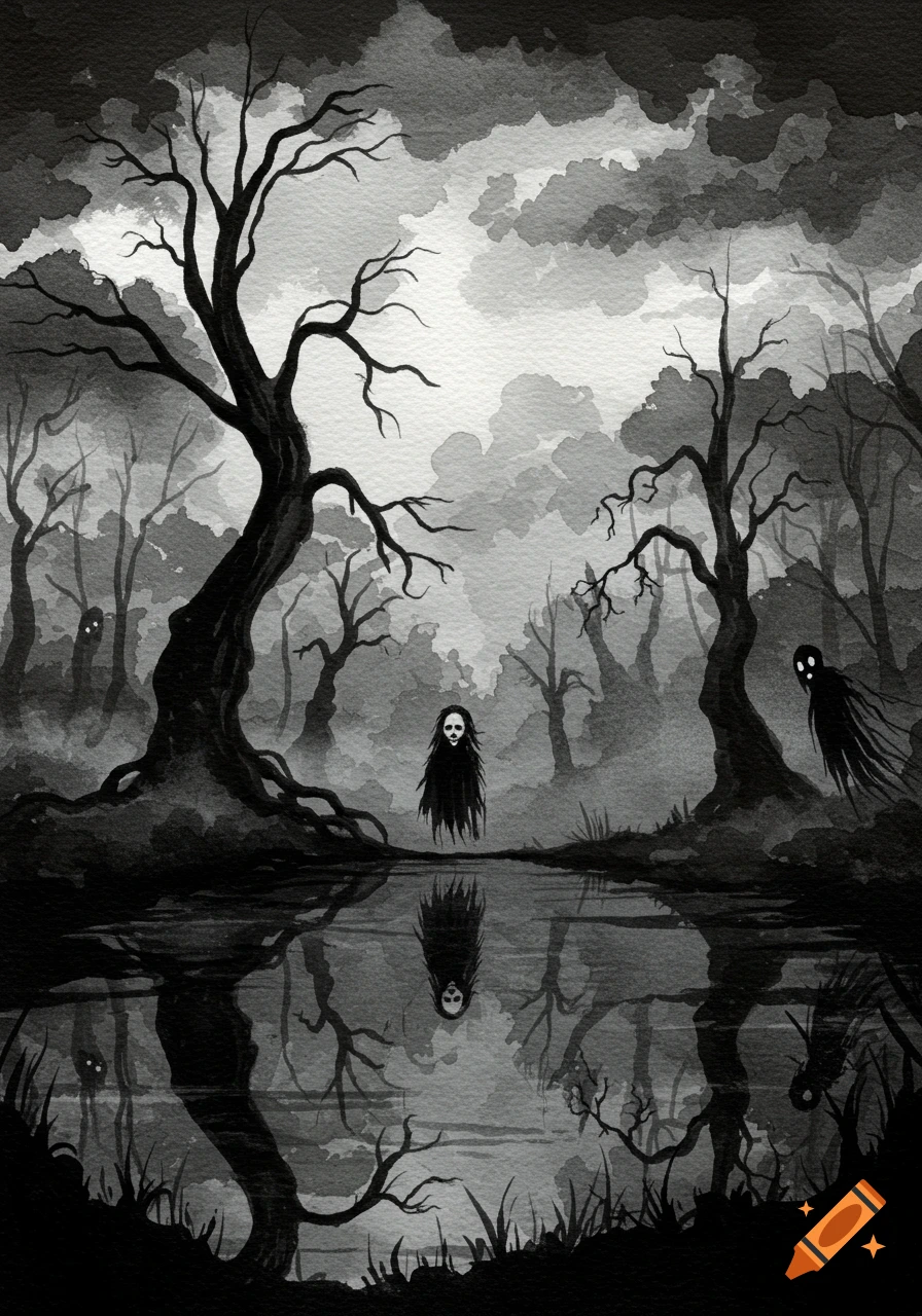 A surreal horror black watercolor painting of a spooky forest with ghost-like figures reflected in a still pond.