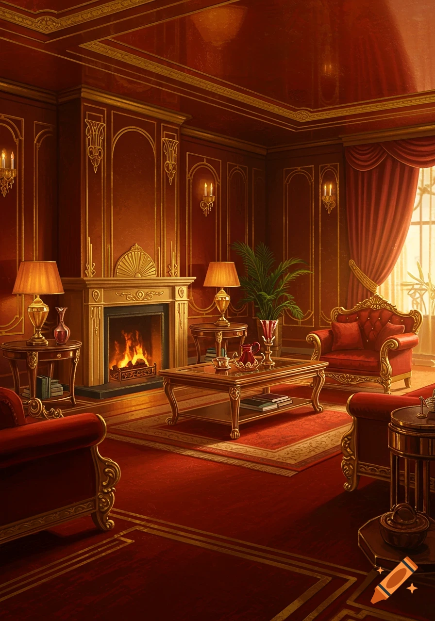 A luxurious Art Deco living room with red walls, carpet, and curtains, featuring gold furniture and crown molding, and a lit fireplace.