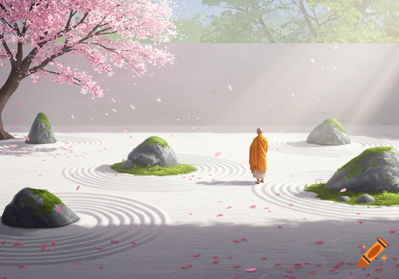 A monk stands in a serene Zen garden with raked sand, mossy rocks, and a cherry blossom tree shedding pink petals.