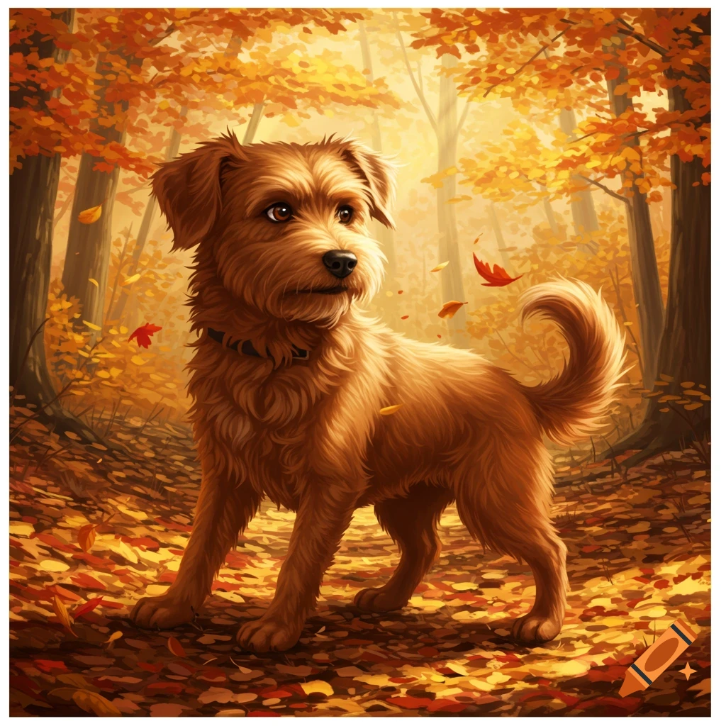 A fluffy brown terrier-like dog with bright eyes stands in a sunlit autumn forest filled with orange and yellow leaves.