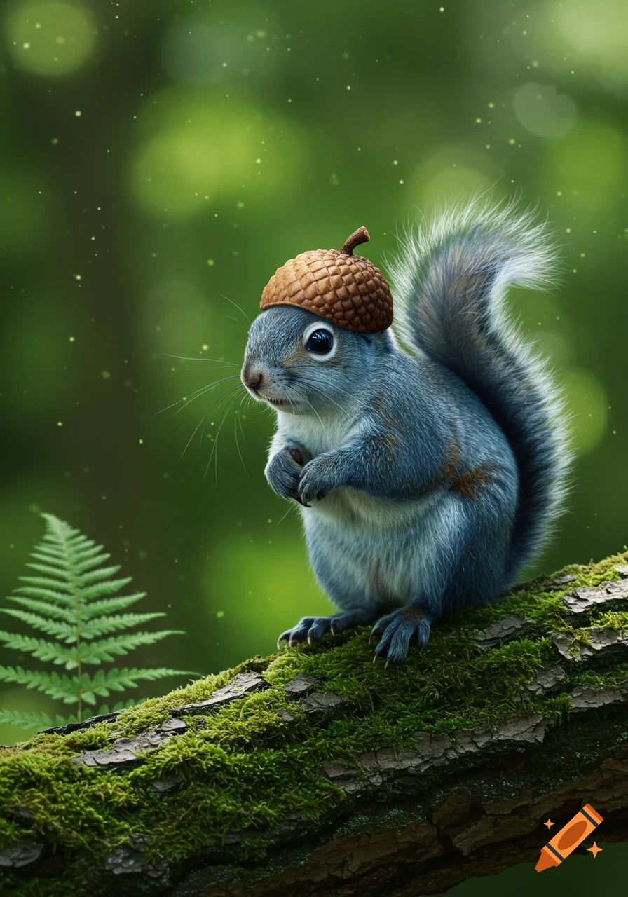A realistic blue squirrel wearing an acorn cap hat, sitting on a mossy log in a lush green forest with bokeh.