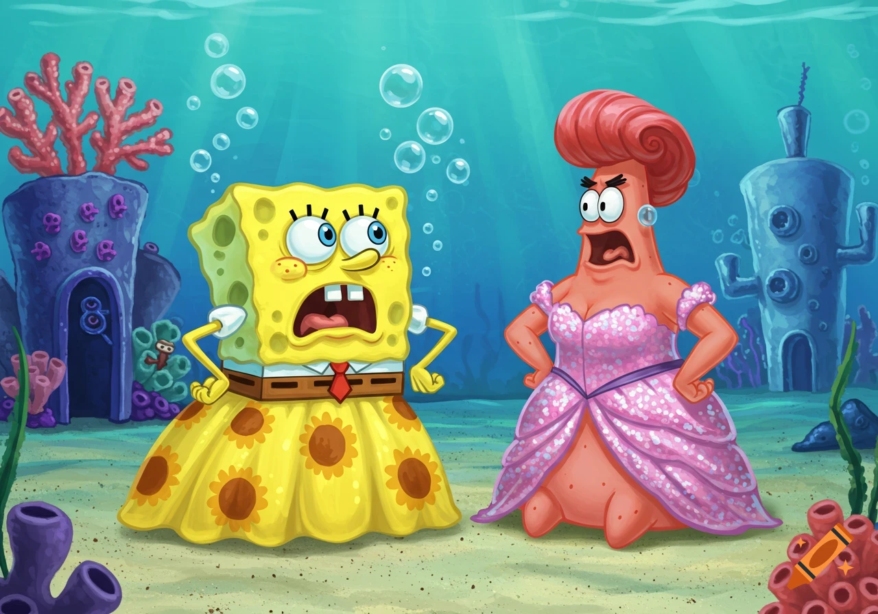 Angry SpongeBob in a yellow dress and Patrick in a pink dress and red wig stand underwater, hands on hips, in a cartoon style.