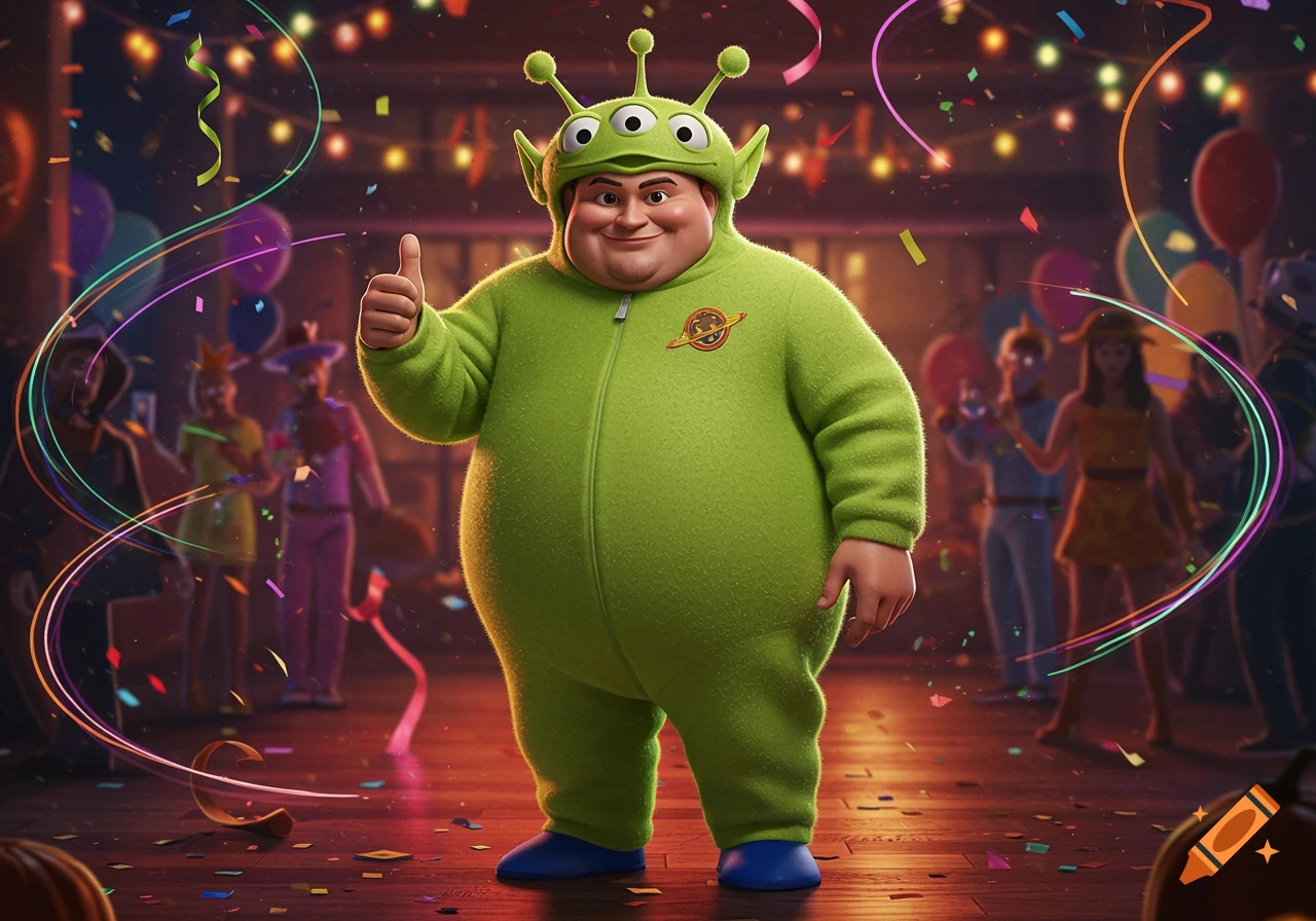 A man in a green Toy Story alien costume gives a thumbs up at a festive party, surrounded by confetti and balloons.