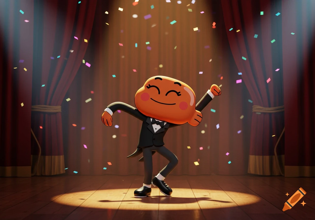 Darwin Watterson from TAWOG tap dancing in a tuxedo on a spotlighted stage with falling confetti.