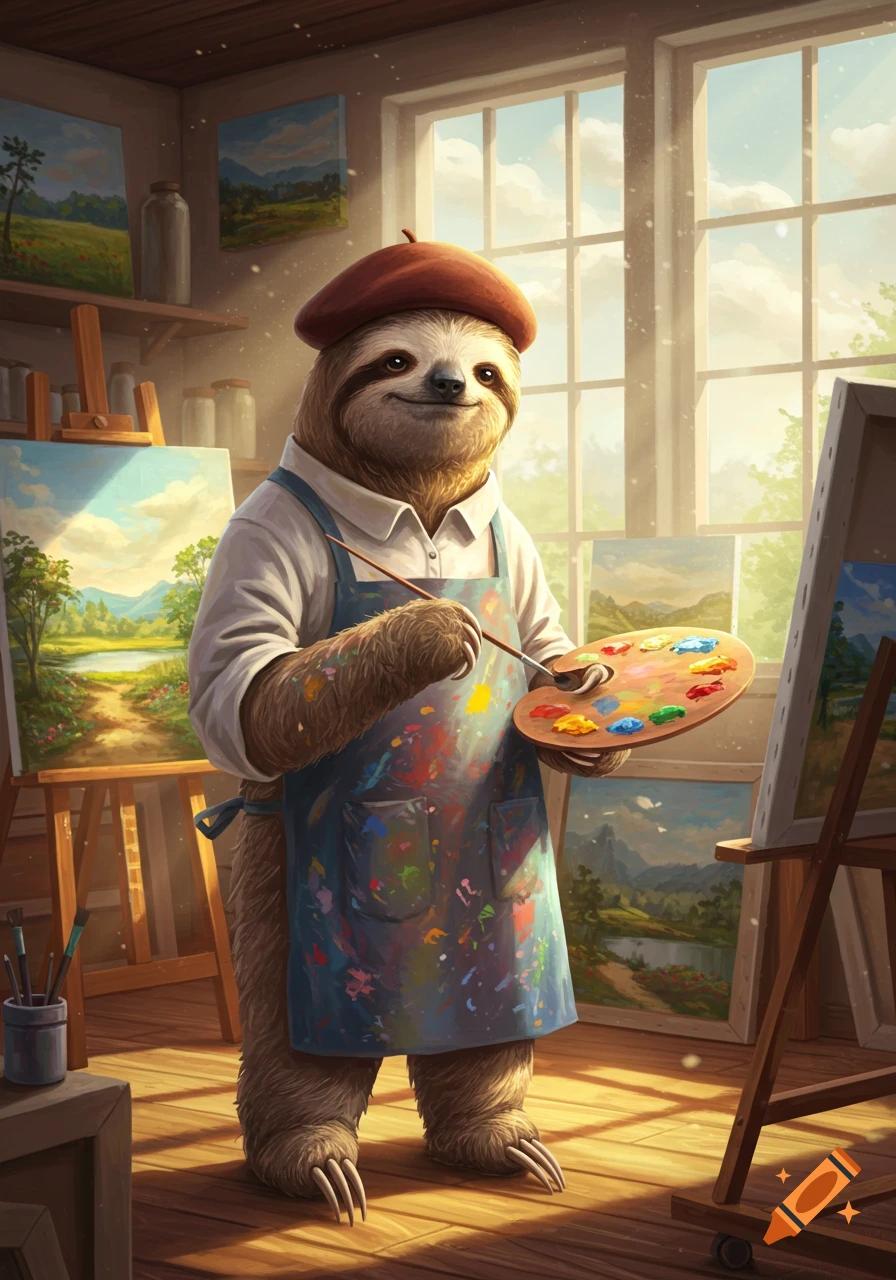 An anthropomorphic sloth painter in a beret and paint-splattered apron holds a palette and brush in a sunlit art studio.
