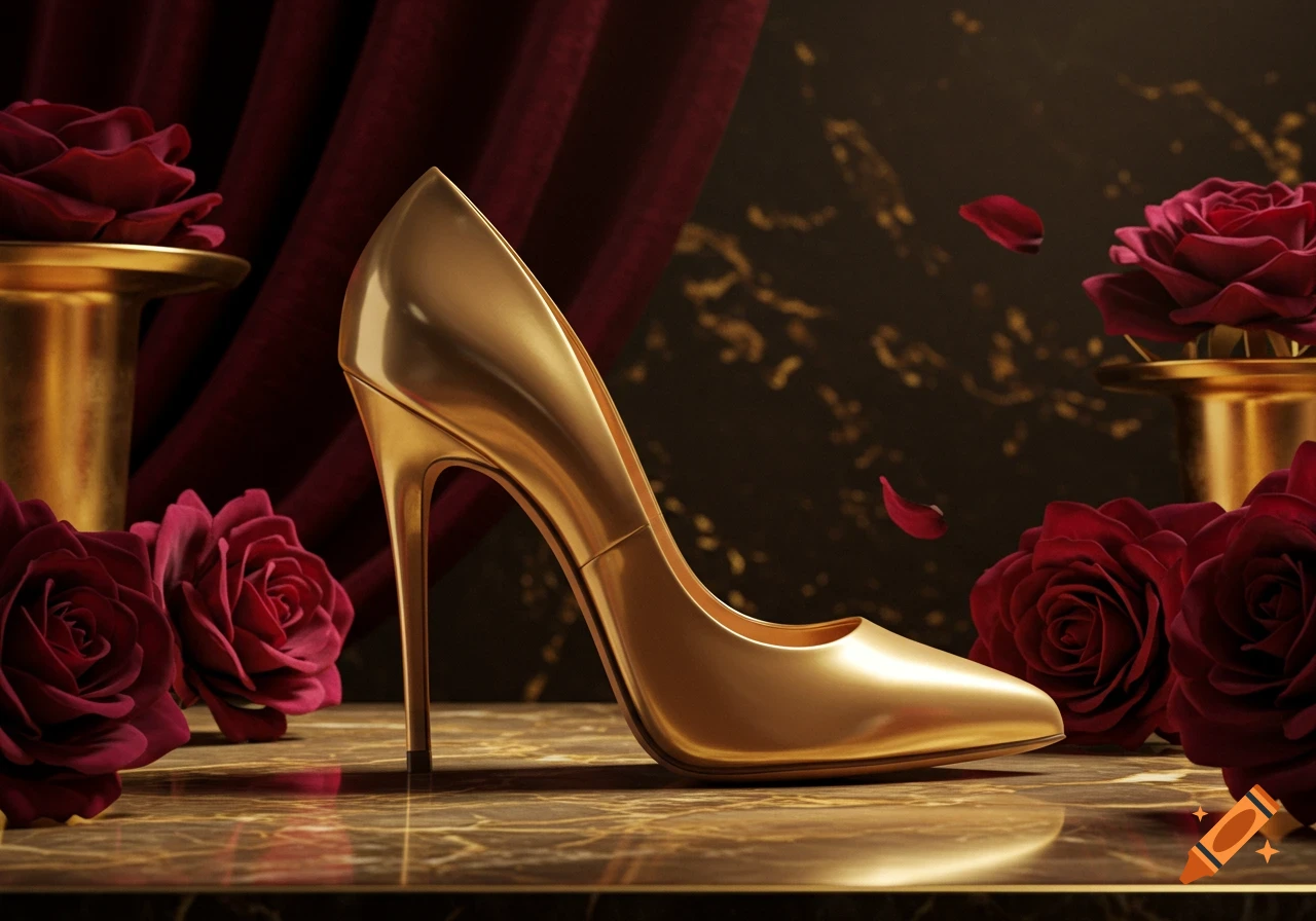 A single golden high-heeled shoe stands on a marble surface, surrounded by red roses and petals against a dark red curtain.
