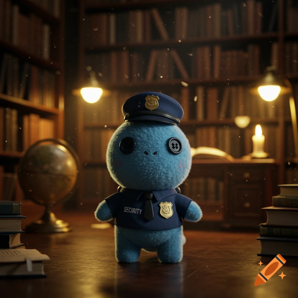 A cute blue plushie dinosaur dressed as a security guard stands in a dimly lit library.