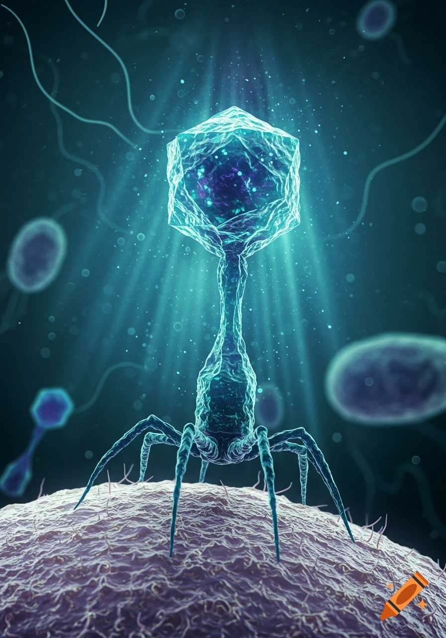 A glowing, crystalline bacteriophage with spidery legs stands on a textured purple cellular surface in a microscopic environment.