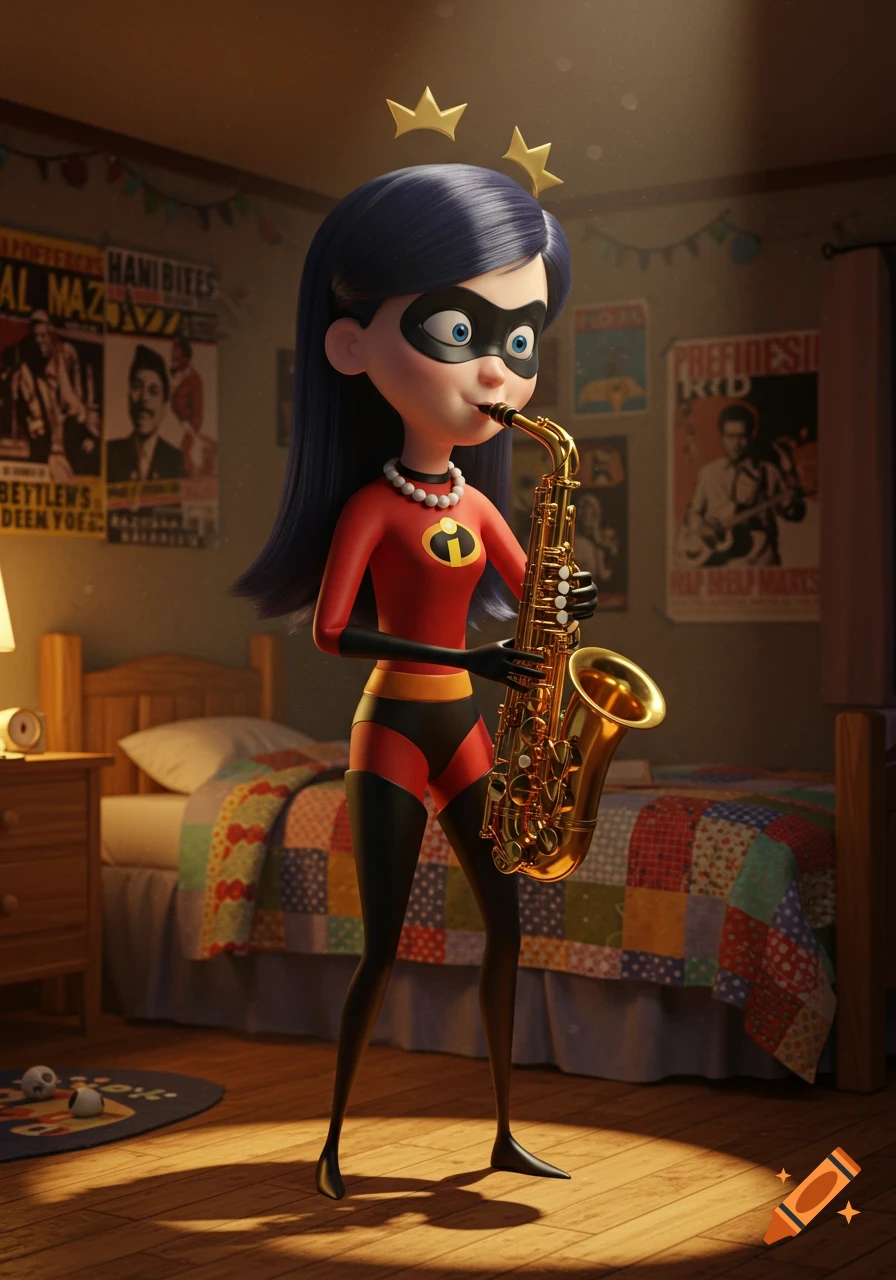 3D render of Violet from The Incredibles playing a saxophone in a dimly lit bedroom.