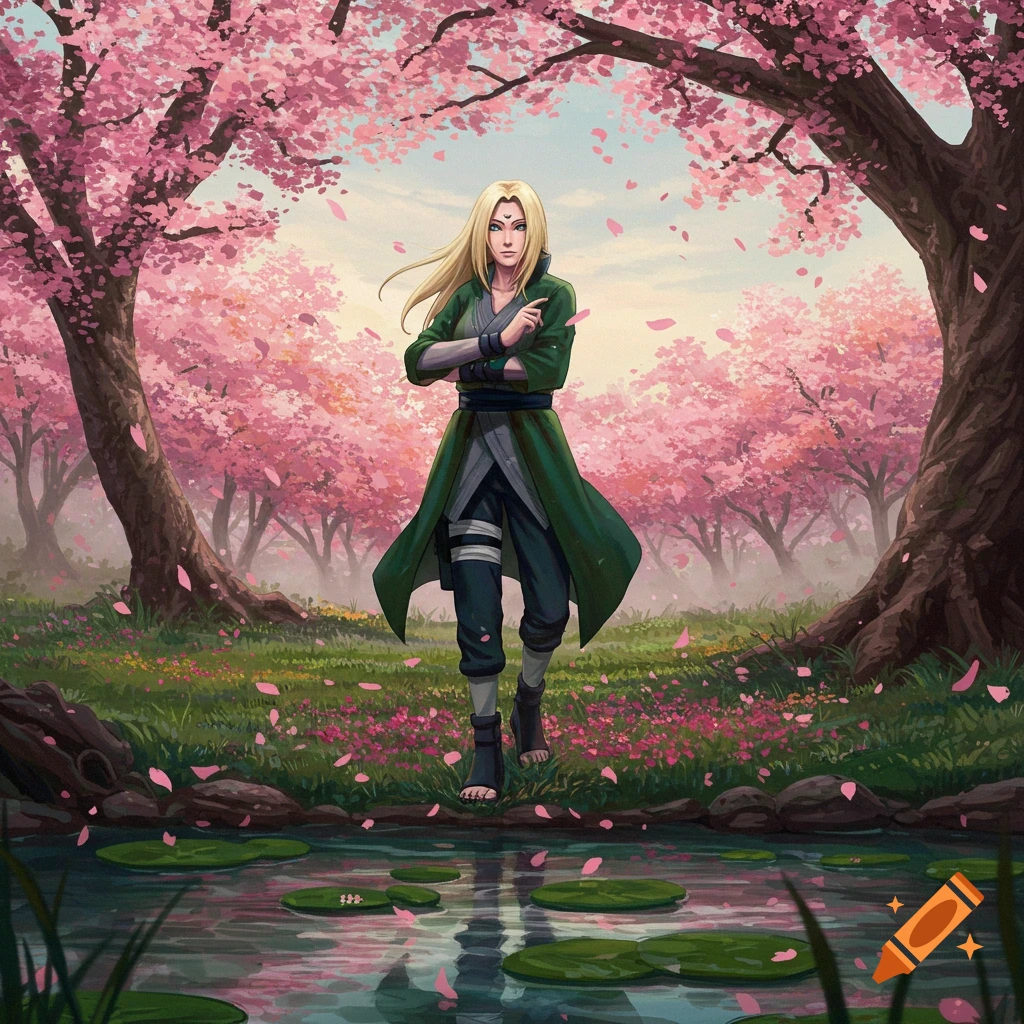 Tsunade from Naruto stands amidst a vibrant anime cherry blossom forest with a pond.