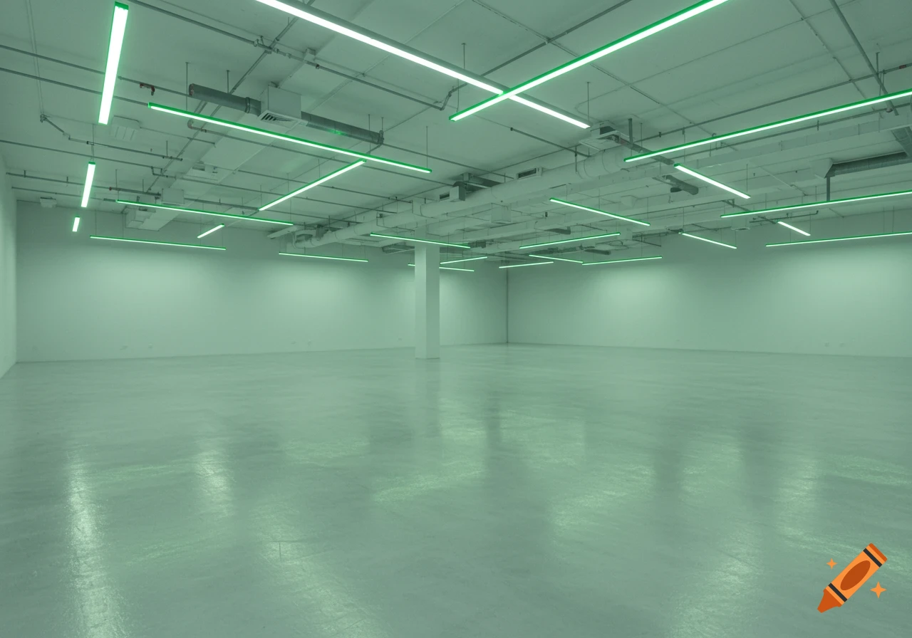 A minimalist, empty white industrial room with green fluorescent lights on the ceiling and a white pillar.