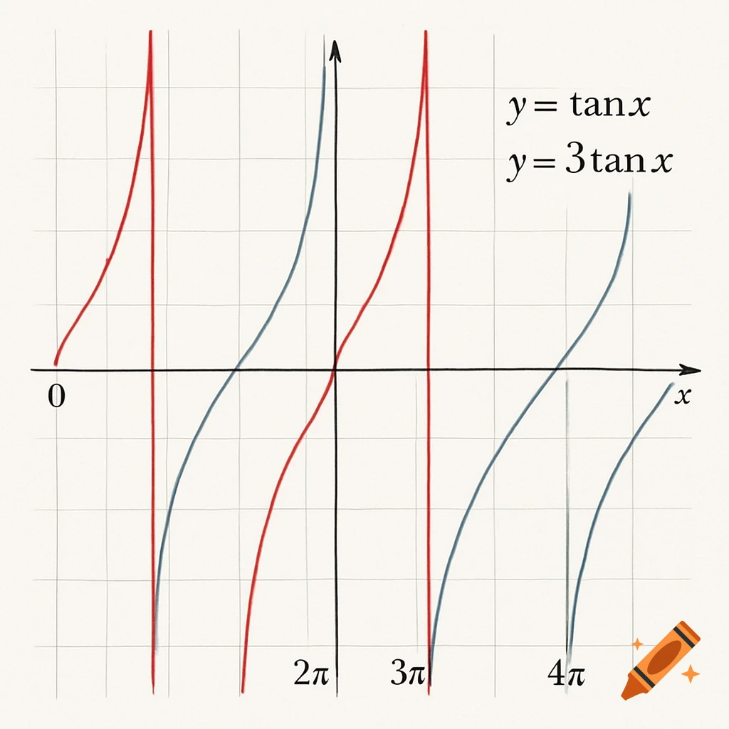 A mathematical graph shows y=tanx in red and y=3tanx in blue on a grid, with x-axis labeled 0, 2π, 3π, 4π.