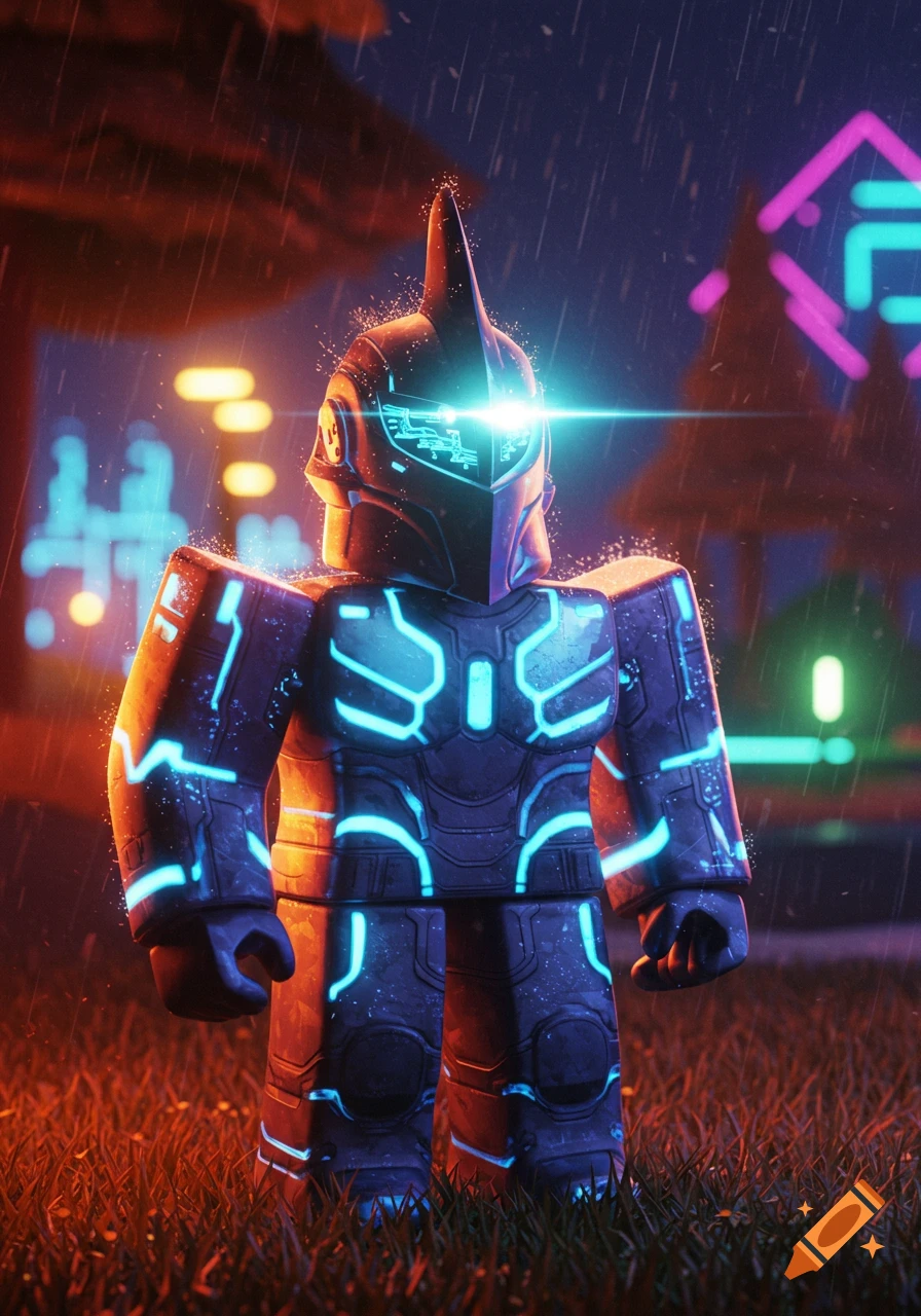 A blocky, futuristic Roblox robot character with glowing blue lines and a bright visor stands in neon-lit grass under rain.