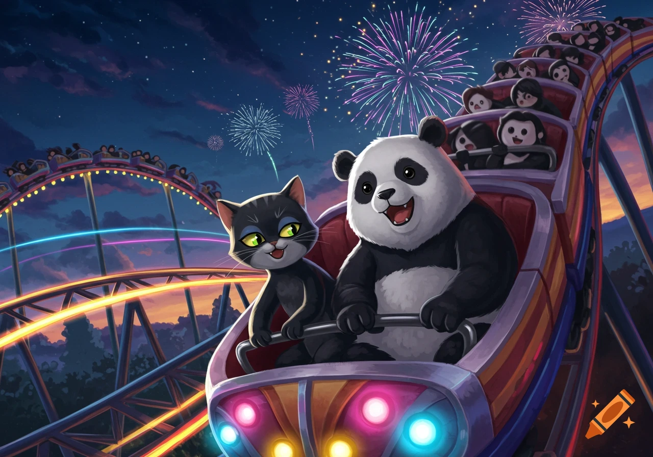 A happy cartoon cat and panda ride a roller coaster at night, with fireworks exploding in the sky.