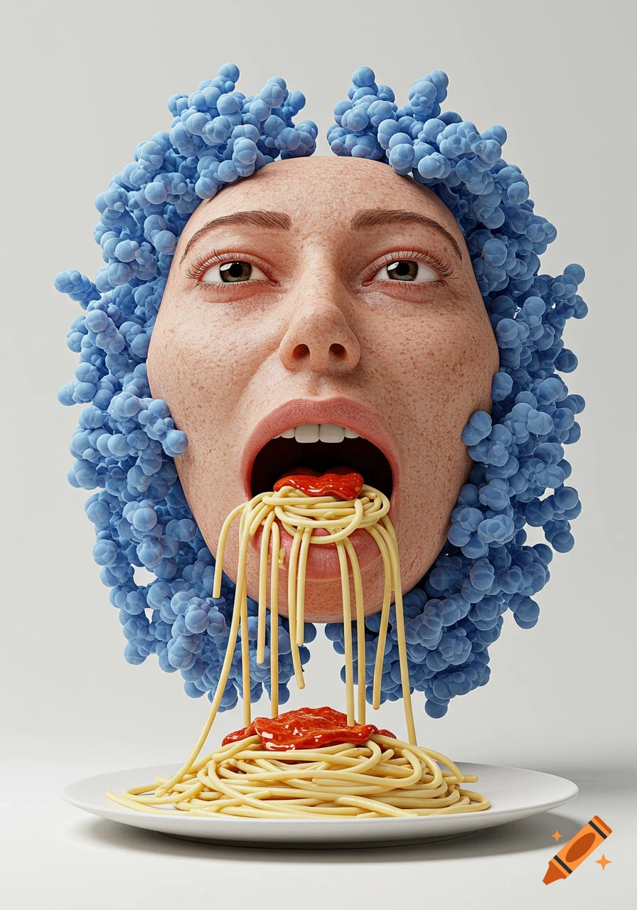 Surreal photorealistic art of a human face with blue bubble-like hair eating spaghetti that spills onto a plate.