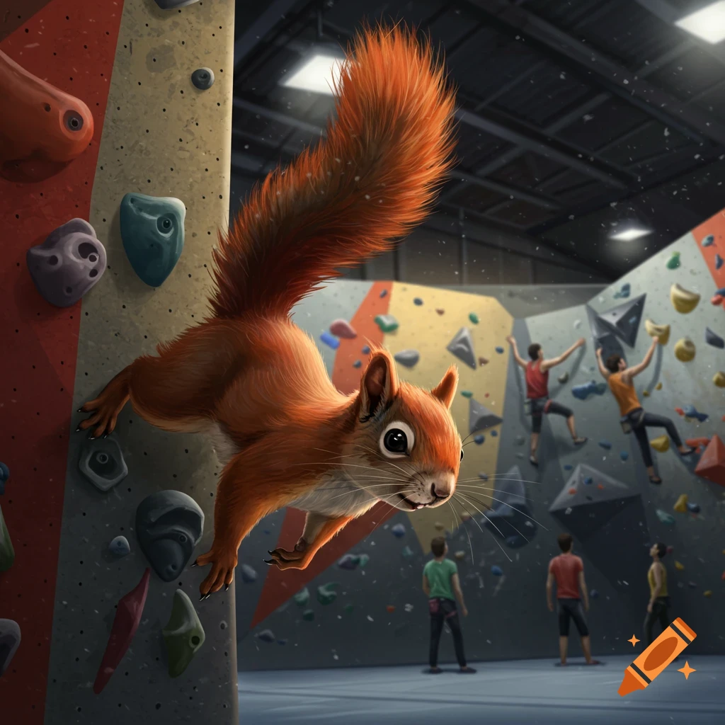 A detailed red squirrel climbs a colorful bouldering wall in a gym, with people bouldering in the background.
