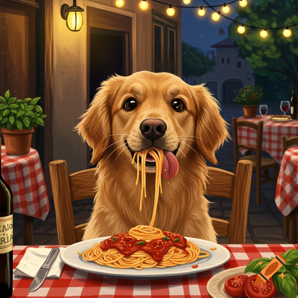 A golden retriever sits at a table in an outdoor Italian restaurant, happily eating a large plate of spaghetti.