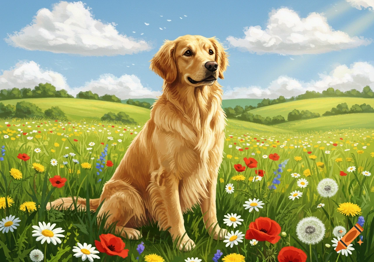 An illustrated Golden Retriever dog sits in a vibrant meadow filled with colorful wildflowers under a blue sky with white clouds.