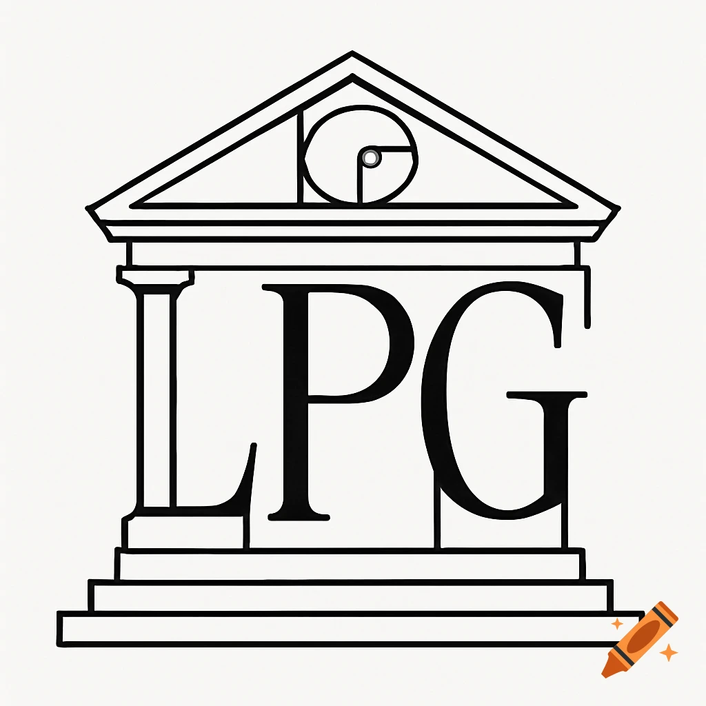 Minimalist line art logo depicting a Greek temple with 'LPG' as columns and a golden ratio spiral in the pediment.
