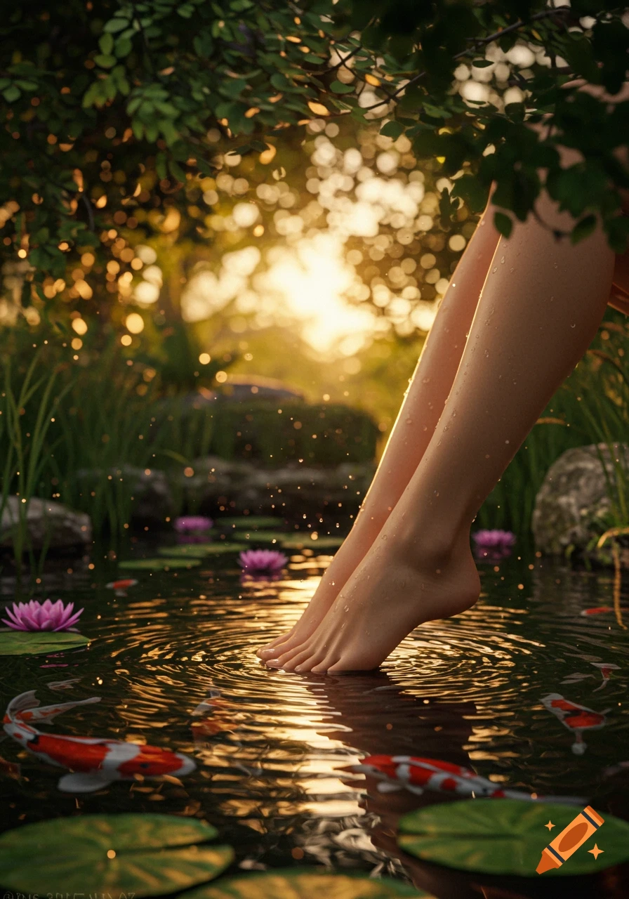 Close-up of bare human legs and feet dipping into a tranquil pond with water lilies and koi fish, illuminated by golden sunlight.
