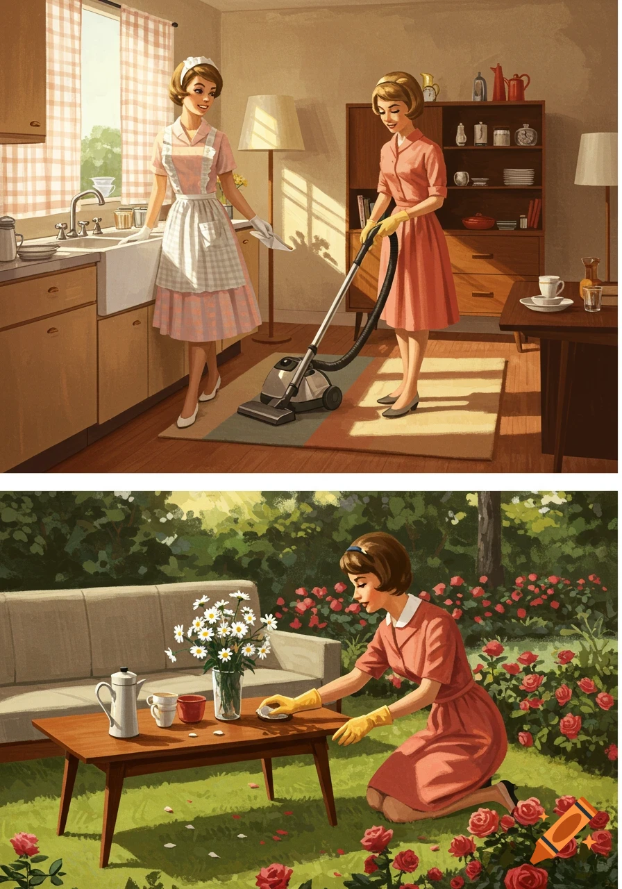 A vintage illustration depicting three 1960s housewives: one washing dishes, one vacuuming, and one gardening.