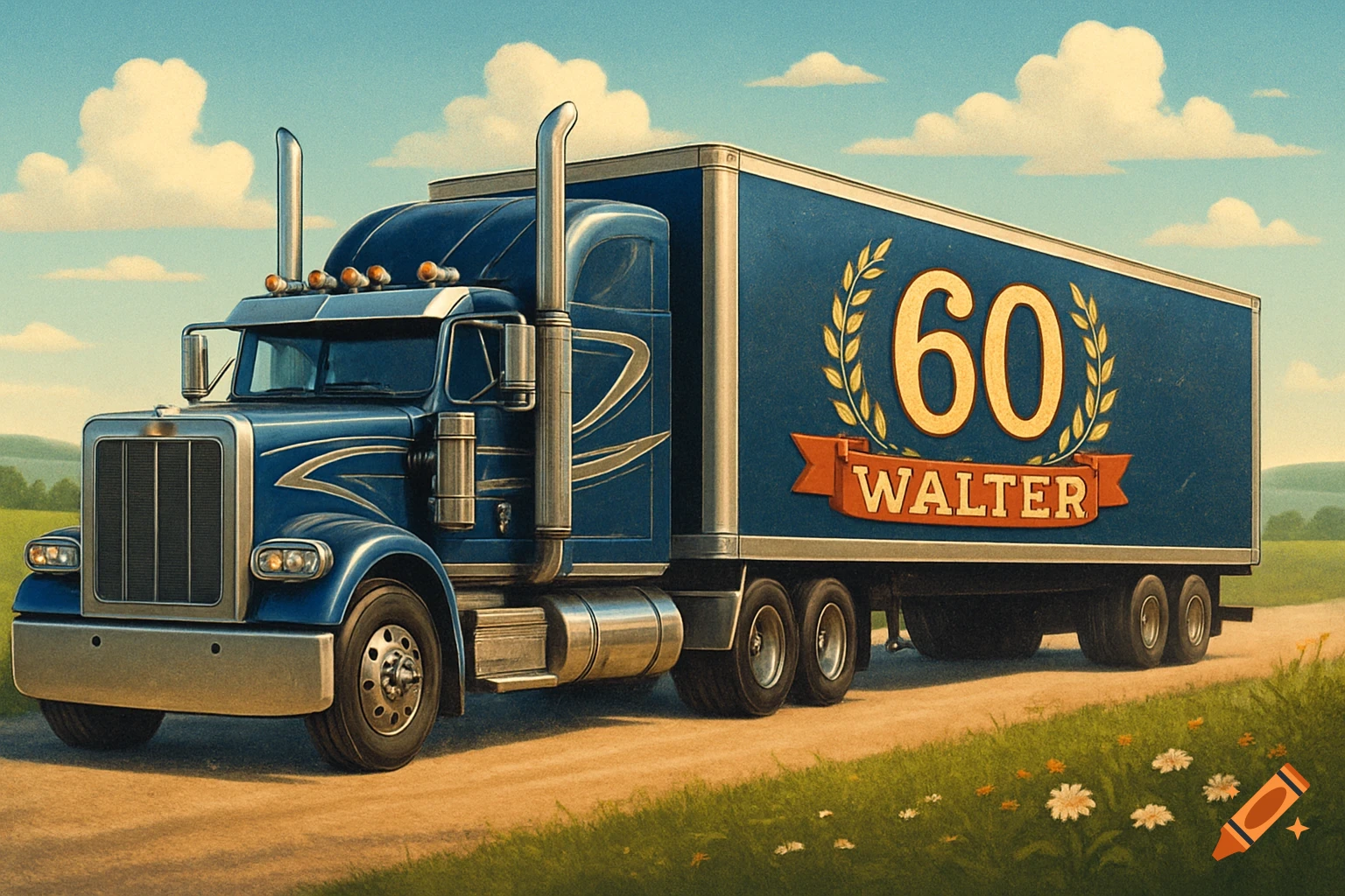 An illustrative painting of a blue semi-truck with '60' and 'WALTER' on its trailer, driving on a dirt road through a field.