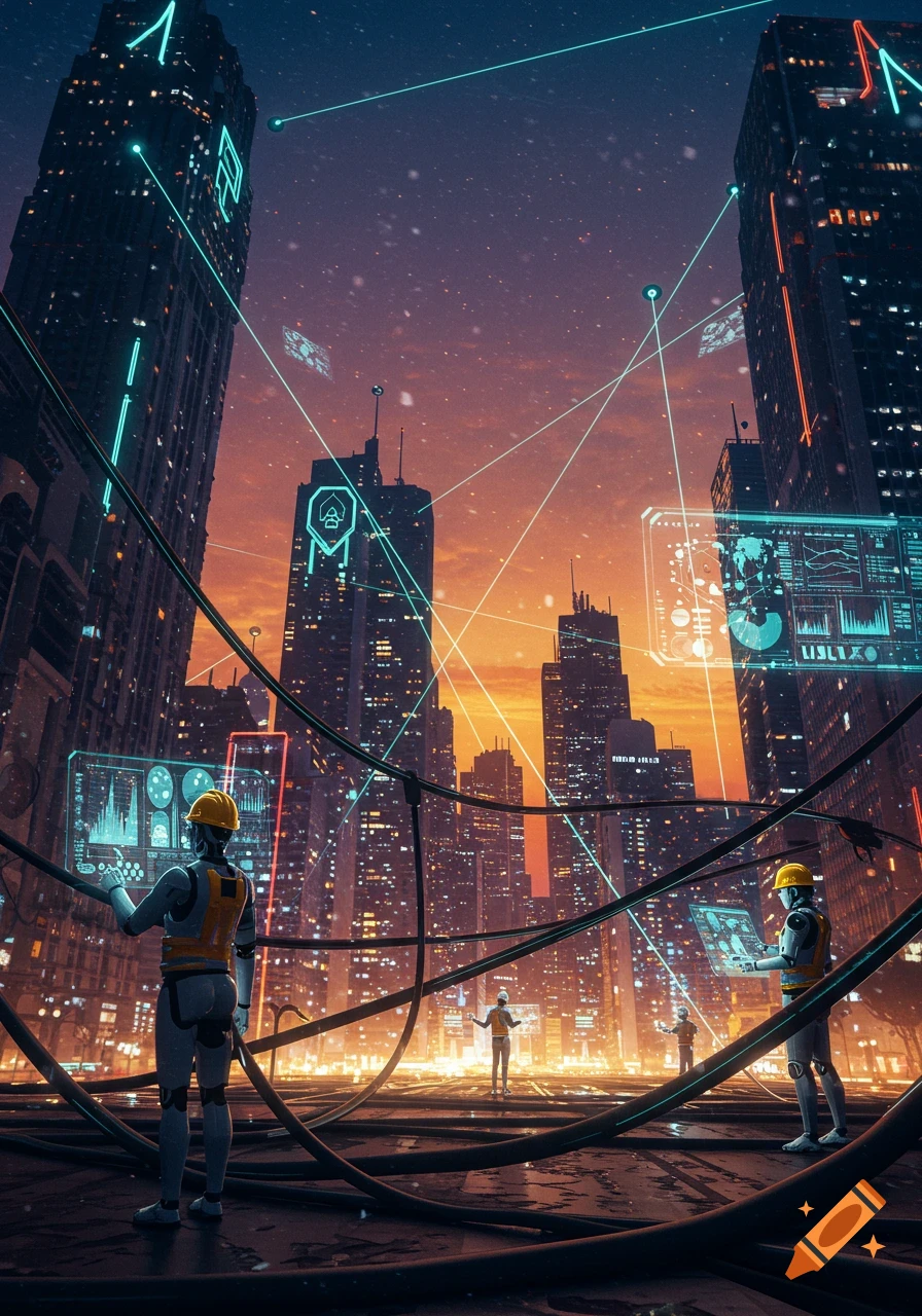 Robots in construction vests work on holographic interfaces in a futuristic city at sunset, with data lines connecting glowing skyscrapers.
