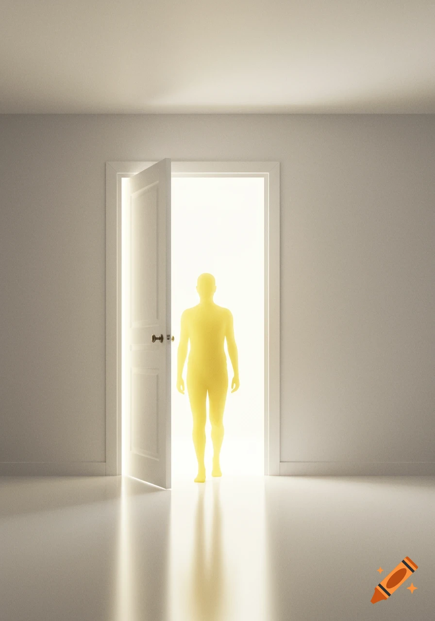 A glowing yellow human silhouette stands in a brightly lit doorway, casting a reflection on the floor of a minimalist room.