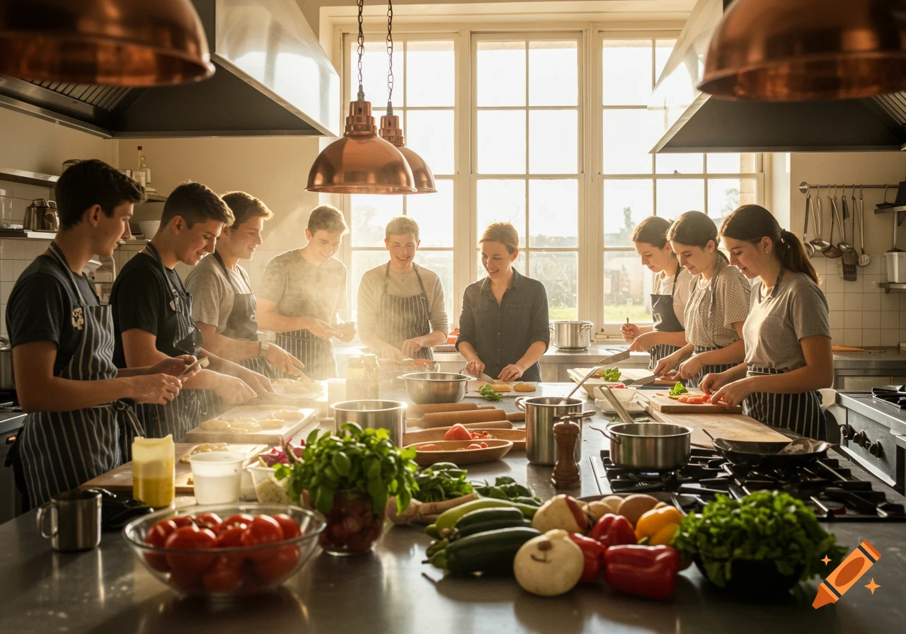 A group of teenagers and an adult chef cook and bake in a brightly lit professional kitchen.